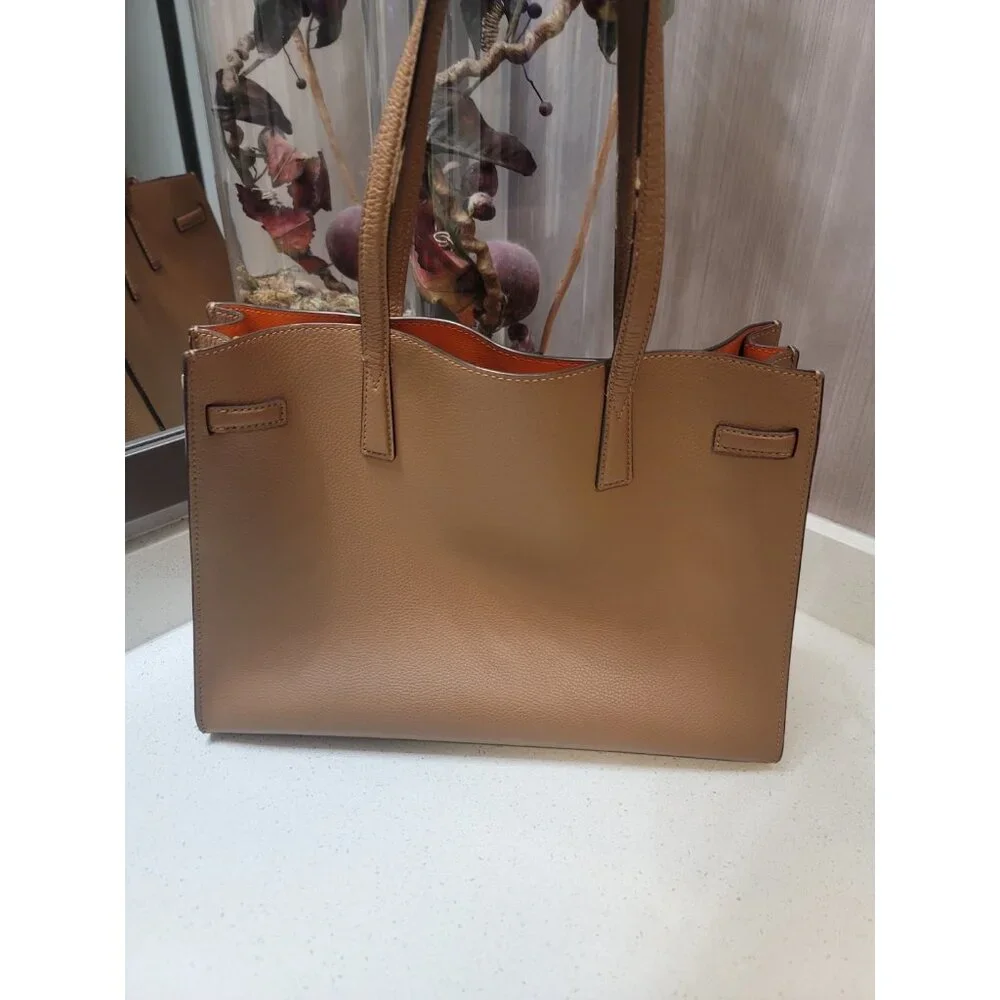 Tory Burch Walker Satchel Leather Tote Bag A4 Brown Used Authentic - Picture 3 of 10